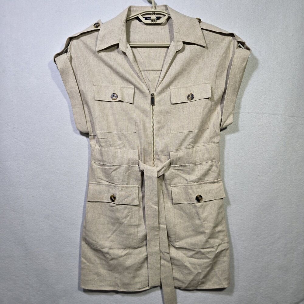 Zara Dress Cargo Pocket  Safari Khaki Linen Blend Collared SMALL